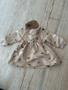 NEW 🆕 Rabbit+Bear Organic Cotton Beige Halloween Print Kids Dress 0-3 months